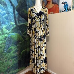 floral navy yellow maxi dress with smocked waist and surplice top